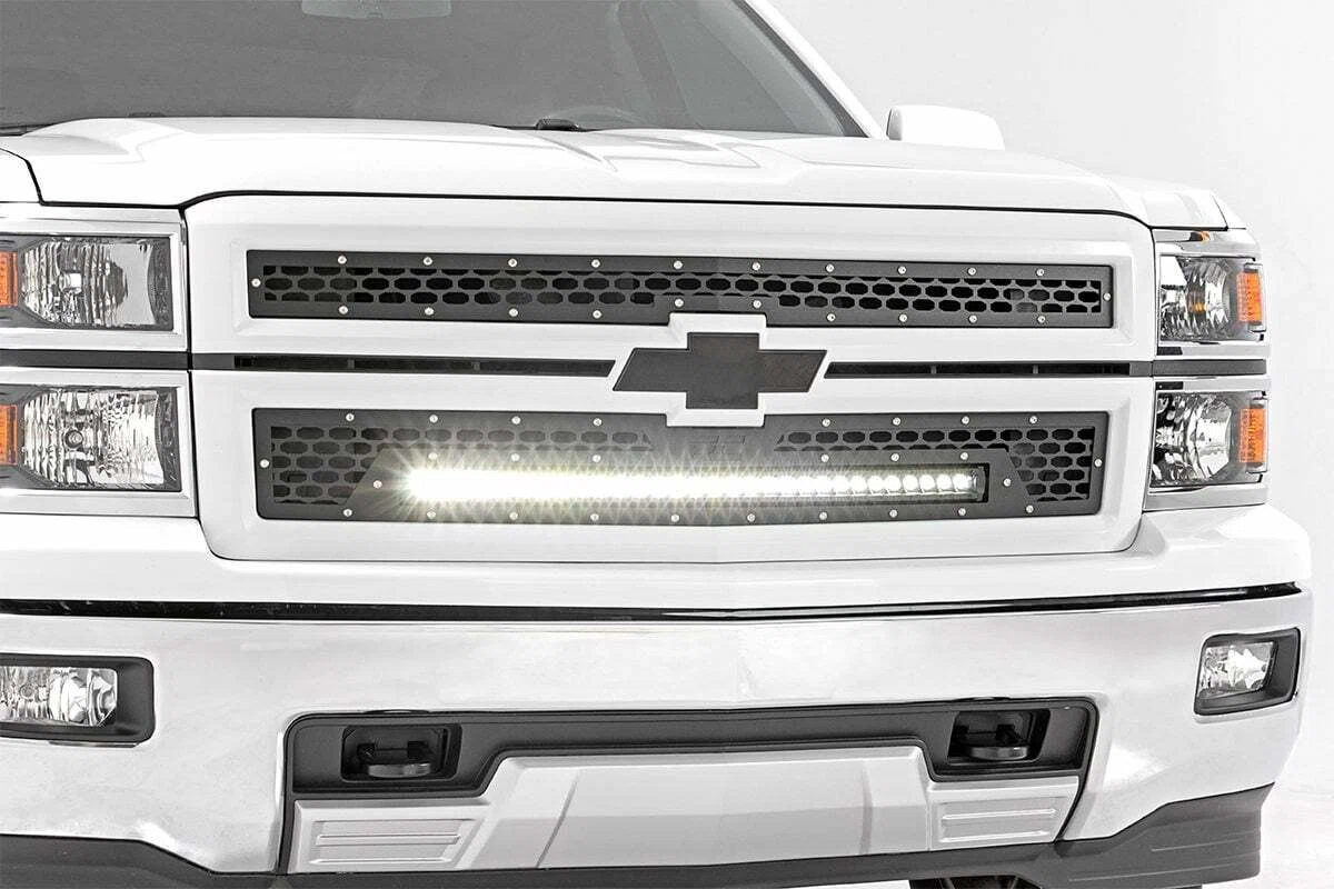 Fits Chevy Silverado 1500 (14-15) Mesh Grille; 30_ Single Row LED; Black; 70103